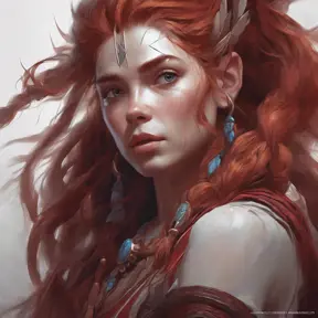 Alluring matte portrait of the beautiful Aloy in dark red, 8k, Highly Detailed, Intricate, Realistic, Sharp Focus, Volumetric Lighting, Fantasy, Elegant by Stanley Artgerm Lau, Alphonse Mucha, WLOP, Stefan Kostic