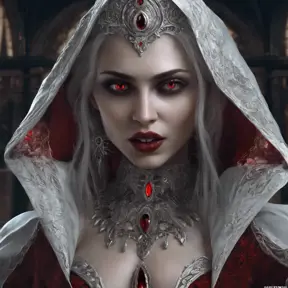A beautiful romanian vampire woman with penetrating red bright eyes, long fangs, perfect face, 8k, Hyper Detailed, Intricate Details, Masterpiece, Contemporary, Full Body, Trending on Artstation, Gothic, Deviantart, Concept Art by Stefan Kostic