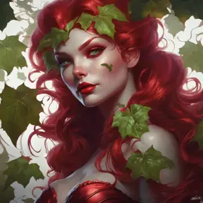Matte portrait of the beautiful Poison Ivy in dark red, 8k, Highly Detailed, Intricate, Realistic, Sharp Focus, Volumetric Lighting, Fantasy, Elegant by Stanley Artgerm Lau, Alphonse Mucha, WLOP, Stefan Kostic