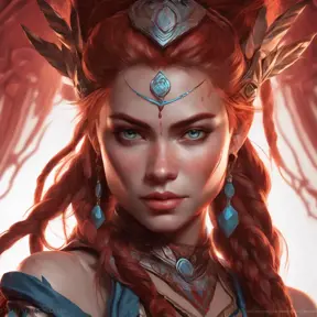 Alluring matte portrait of the beautiful Aloy in dark red, 8k, Highly Detailed, Intricate, Realistic, Sharp Focus, Volumetric Lighting, Fantasy, Elegant by Stanley Artgerm Lau, Alphonse Mucha, WLOP, Stefan Kostic
