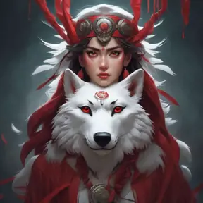 Matte portrait of the beautiful Princess Mononoke in dark red, 8k, Highly Detailed, Intricate, Realistic, Sharp Focus, Volumetric Lighting, Fantasy, Elegant by Stanley Artgerm Lau, Alphonse Mucha, WLOP, Stefan Kostic