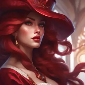 Matte portrait of the beautiful Miss Fortune in dark red, 8k, Highly Detailed, Intricate, Realistic, Sharp Focus, Volumetric Lighting, Fantasy, Elegant by Stanley Artgerm Lau, Alphonse Mucha, WLOP, Stefan Kostic