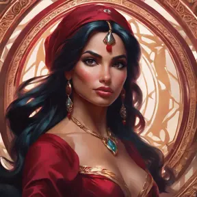 Matte portrait of the beautiful Princess Jasmine in dark red, 8k, Highly Detailed, Intricate, Realistic, Sharp Focus, Volumetric Lighting, Fantasy, Elegant by Stanley Artgerm Lau, Alphonse Mucha, WLOP, Stefan Kostic