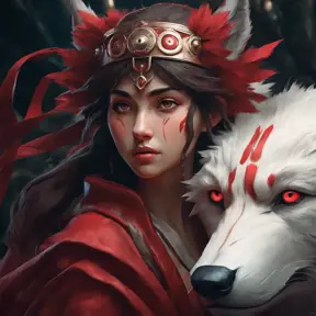 Matte portrait of the beautiful Princess Mononoke in dark red, 8k, Highly Detailed, Intricate, Realistic, Sharp Focus, Volumetric Lighting, Fantasy, Elegant by Stanley Artgerm Lau, Alphonse Mucha, WLOP, Stefan Kostic