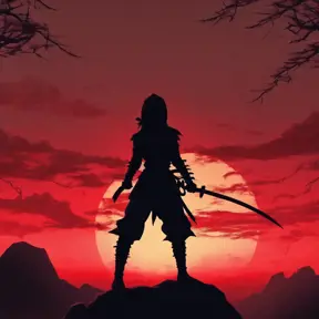 Silhouette of a ninja assassin with her drawn daggers in front of a red sunset, Ambient Lighting, Fantasy, Dark