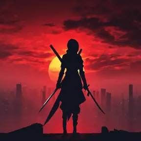 Silhouette of a ninja assassin with her drawn daggers in front of a red sunset, 4k resolution, HDR, Blade Runner 2049, Nier Automata, Ambient Lighting, Fantasy, Dark