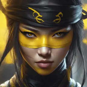 Matte portrait of a beautiful Kunoichi Ninja in black and yellow, 8k, Highly Detailed, Intricate, Realistic, Sharp Focus, Volumetric Lighting, Fantasy, Elegant by Stanley Artgerm Lau, WLOP, Stefan Kostic