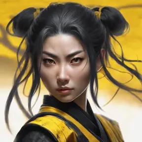 Matte portrait of a beautiful Kunoichi Ninja in black and yellow, 8k, Highly Detailed, Intricate, Realistic, Sharp Focus, Volumetric Lighting, Fantasy, Elegant by Stanley Artgerm Lau, WLOP, Stefan Kostic