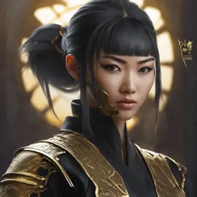 Matte portrait of a beautiful Kunoichi Ninja in black and gold, 8k, Highly Detailed, Intricate, Realistic, Sharp Focus, Volumetric Lighting, Fantasy, Elegant by Stanley Artgerm Lau, WLOP, Stefan Kostic