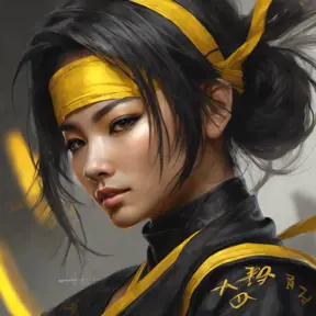 Matte portrait of a beautiful Kunoichi Ninja in black and yellow, 8k, Highly Detailed, Intricate, Realistic, Sharp Focus, Volumetric Lighting, Fantasy, Elegant by Stanley Artgerm Lau, Alphonse Mucha, WLOP, Stefan Kostic