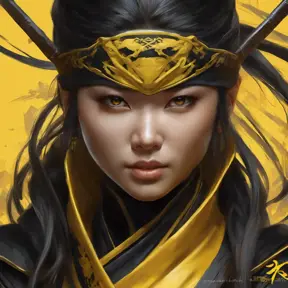 Matte portrait of a beautiful Kunoichi Ninja in black and yellow, 8k, Highly Detailed, Intricate, Realistic, Sharp Focus, Volumetric Lighting, Fantasy, Elegant by Stanley Artgerm Lau, Alphonse Mucha, WLOP, Stefan Kostic