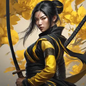 Matte portrait of a beautiful Kunoichi Ninja in black and yellow, 8k, Highly Detailed, Intricate, Realistic, Sharp Focus, Volumetric Lighting, Fantasy, Elegant by Stanley Artgerm Lau, Alphonse Mucha, WLOP, Stefan Kostic