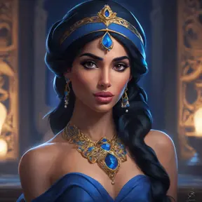 Matte portrait of the beautiful Princess Jasmine in dark blue, 8k, Highly Detailed, Intricate, Realistic, Sharp Focus, Volumetric Lighting, Fantasy, Elegant by Stanley Artgerm Lau, WLOP, Stefan Kostic