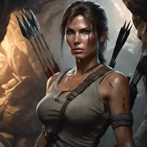 Matte portrait of a beautiful Lara Croft in a cave with arrows, 8k, Highly Detailed, Intricate, Realistic, Sharp Focus, Volumetric Lighting, Fantasy, Elegant by Stanley Artgerm Lau, WLOP, Stefan Kostic