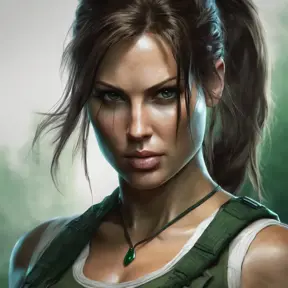 Matte portrait of the beautiful Lara Croft in dark green, 8k, Highly Detailed, Intricate, Realistic, Sharp Focus, Volumetric Lighting, Fantasy, Elegant by Stanley Artgerm Lau, WLOP, Stefan Kostic