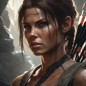 Matte portrait of a beautiful Lara Croft in a cave with arrows, 8k, Highly Detailed, Intricate, Realistic, Sharp Focus, Volumetric Lighting, Fantasy, Elegant by Stanley Artgerm Lau, WLOP, Stefan Kostic