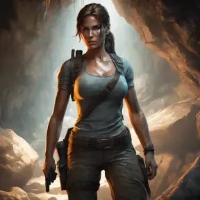 Matte portrait of a beautiful armed Lara Croft in a cave, 8k, Highly Detailed, Intricate, Realistic, Sharp Focus, Volumetric Lighting, Fantasy, Elegant by Stanley Artgerm Lau, WLOP, Stefan Kostic