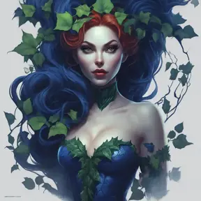 Matte portrait of the beautiful Poison Ivy in dark blue, 8k, Highly Detailed, Intricate, Realistic, Sharp Focus, Volumetric Lighting, Fantasy, Elegant by Stanley Artgerm Lau, WLOP, Stefan Kostic