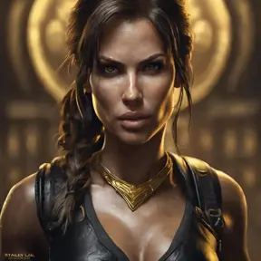 Matte portrait of the beautiful Lara Croft in black and gold, 8k, Highly Detailed, Intricate, Realistic, Sharp Focus, Volumetric Lighting, Fantasy, Elegant by Stanley Artgerm Lau, WLOP, Stefan Kostic