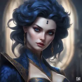 Matte portrait of the beautiful Morgana in dark blue, 8k, Highly Detailed, Intricate, Realistic, Sharp Focus, Volumetric Lighting, Fantasy, Elegant by Stanley Artgerm Lau, WLOP, Stefan Kostic