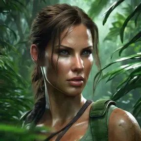 Matte portrait of the beautiful Lara Croft in a green jungle, 8k, Highly Detailed, Intricate, Realistic, Sharp Focus, Volumetric Lighting, Fantasy, Elegant by Stanley Artgerm Lau, WLOP, Stefan Kostic