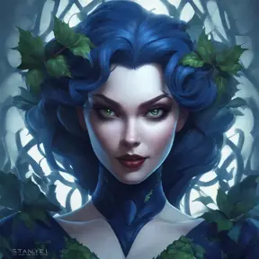 Matte portrait of the beautiful Poison Ivy in dark blue, 8k, Highly Detailed, Intricate, Realistic, Sharp Focus, Volumetric Lighting, Fantasy, Elegant by Stanley Artgerm Lau, WLOP, Stefan Kostic