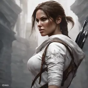 Matte portrait of a beautiful Lara Croft in white Assassin's Creed style, 8k, Highly Detailed, Intricate, Realistic, Sharp Focus, Volumetric Lighting, Fantasy, Elegant by Stanley Artgerm Lau, WLOP, Stefan Kostic