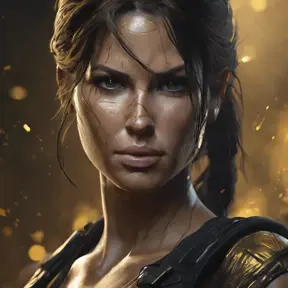 Matte portrait of the beautiful Lara Croft in black and gold, 8k, Highly Detailed, Intricate, Realistic, Sharp Focus, Volumetric Lighting, Fantasy, Elegant by Stanley Artgerm Lau, WLOP, Stefan Kostic