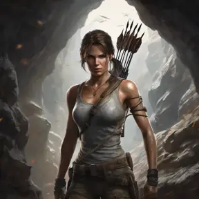 Matte portrait of a beautiful Lara Croft in a cave with arrows, 8k, Highly Detailed, Intricate, Realistic, Sharp Focus, Volumetric Lighting, Fantasy, Elegant by Stanley Artgerm Lau, WLOP, Stefan Kostic