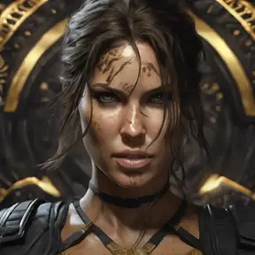 Matte portrait of the beautiful Lara Croft in black and gold, 8k, Highly Detailed, Intricate, Realistic, Sharp Focus, Volumetric Lighting, Fantasy, Elegant by Stanley Artgerm Lau, WLOP, Stefan Kostic