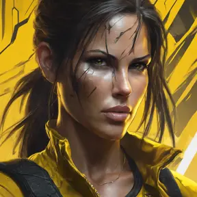 Matte portrait of the beautiful Lara Croft in black and yellow, 8k, Highly Detailed, Intricate, Realistic, Sharp Focus, Volumetric Lighting, Fantasy, Elegant by Stanley Artgerm Lau, WLOP, Stefan Kostic