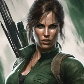 Matte portrait of the beautiful Lara Croft in dark green, 8k, Highly Detailed, Intricate, Realistic, Sharp Focus, Volumetric Lighting, Fantasy, Elegant by Stanley Artgerm Lau, WLOP, Stefan Kostic