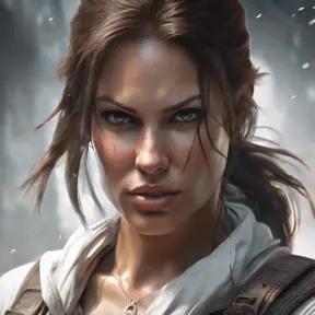 Matte portrait of a beautiful Lara Croft in white Assassin's Creed style, 8k, Highly Detailed, Intricate, Realistic, Sharp Focus, Volumetric Lighting, Fantasy, Elegant by Stanley Artgerm Lau, WLOP, Stefan Kostic