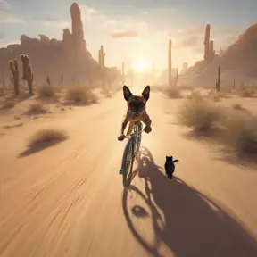 A dog riding a bike in the desert being chased by cat, 8k, Volumetric light effect by Stanley Artgerm Lau