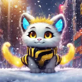 A funny furry half bee and half cat with 7 tails, Afrofuturism, Chibi, Cybernatic and Sci-Fi, Cityscape, Snow, Dreamworks, Bloom light effect, Colorful, Ecstatic, Exciting, Joyful