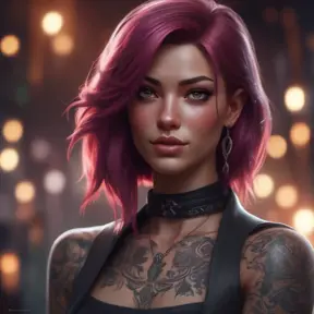 Matte portrait of Katarina with tattoos, 8k, Highly Detailed, Alluring, Artstation, Bokeh effect, Sharp Focus, Volumetric Lighting, Concept Art by Stanley Artgerm Lau, Greg Rutkowski