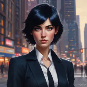 A woman with short, choppy black hair and piercing blue eyes. She is wearing a tailored black suit and a confident smirk. She stands tall and proud, radiating an aura of power and determination. The background is a bustling city street, with towering buildings and flashing neon lights., Matte by Stanley Artgerm Lau