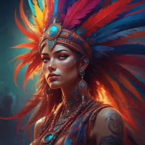 Visionary painting of a mystical tribal goddess surrounded by vibrant feathers, 8k, Highly Detailed, Intricate, Artstation, Matte Painting, Sharp Focus, Volumetric Lighting, Concept Art by Stanley Artgerm Lau, Greg Rutkowski