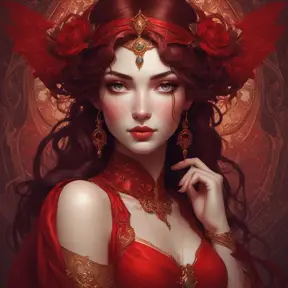 Alluring matte portrait of the beautiful Morgana in dark red, 8k, Highly Detailed, Intricate, Realistic, Sharp Focus, Volumetric Lighting, Fantasy, Elegant by Stanley Artgerm Lau, Alphonse Mucha, WLOP, Stefan Kostic