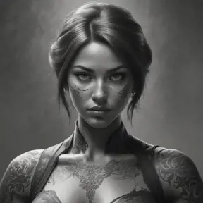 Grayscale matte portrait of a beautiful female ninja with tattoos, 4k, Highly Detailed, Powerful, Alluring, Artstation, Magical, Digital Painting, Photo Realistic, Sharp Focus, Volumetric Lighting, Concept Art by Stanley Artgerm Lau, Alphonse Mucha, Greg Rutkowski