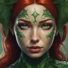 Closeup matte portrait of a tattooed Poison Ivy, symmetrical face, 8k, Highly Detailed, Intricate, Artstation, Matte Painting, Sharp Focus, Concept Art by Stanley Artgerm Lau, Greg Rutkowski