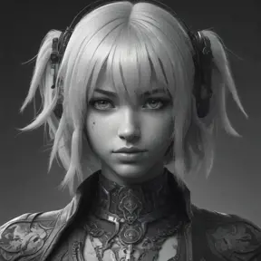 Black & White portrait of A2 from Nier Automata, Highly Detailed, Intricate, Artstation, Beautiful, Digital Painting, Sharp Focus, Concept Art, Elegant