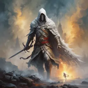 White Assassin emerging from a firey fog of battle, ink splash, Highly Detailed, Vibrant Colors, Ink Art, Fantasy, Dark by Gilbert Williams