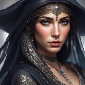 Alluring matte portrait of a beautiful veiled Kassandra wearing a black veil, 8k, Highly Detailed, Intricate, Half Body, Realistic, Sharp Focus, Volumetric Lighting, Fantasy, Elegant by Stanley Artgerm Lau, Alphonse Mucha, WLOP