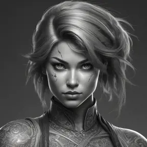 Grayscale matte portrait of a beautiful female ninja with tattoos, 4k, Highly Detailed, Powerful, Alluring, Artstation, Magical, Digital Painting, Photo Realistic, Sharp Focus, Volumetric Lighting, Concept Art by Stanley Artgerm Lau, Alphonse Mucha, Greg Rutkowski