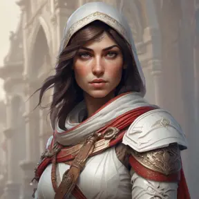 Closeup of Kassandra from Assassins Creed in white armor, Highly Detailed, Intricate, Artstation, Beautiful, Digital Painting, Sharp Focus, Concept Art, Elegant by Alphonse Mucha, Greg Rutkowski