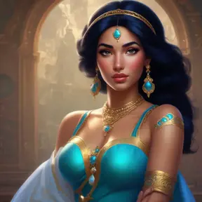 Alluring matte portrait of Princess Jasmine, 4k, 4k resolution, 8k, HD, High Definition, High Resolution, Highly Detailed, HQ, Hyper Detailed, Intricate Artwork, Ultra Detailed, Digital Painting, Matte Painting, Realistic, Sharp Focus, Dim light, Fantasy by Stanley Artgerm Lau