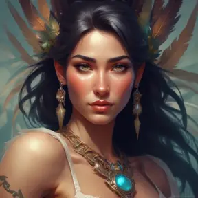 Alluring matte portrait of a beautiful Nidalee wearing feathers, 8k, Highly Detailed, Intricate, Half Body, Realistic, Sharp Focus, Volumetric Lighting, Fantasy, Elegant by Stanley Artgerm Lau, Alphonse Mucha, WLOP