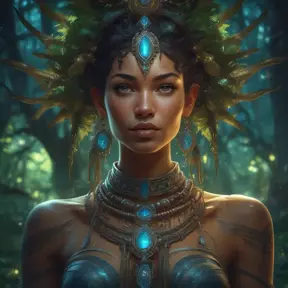 Closeup of a beautiful tribal goddess in a magical forest, 4k, Highly Detailed, Masterpiece, Pretty Face, Digital Illustration, Cinematic Lighting, Realistic, Sharp Focus, Centered, Beautifully Lit, Bioluminescent by Stanley Artgerm Lau