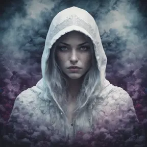 White hooded female assassin emerging from the fog of war, Highly Detailed, Vibrant Colors, Ink Art, Fantasy, Dark by Aliza Razell